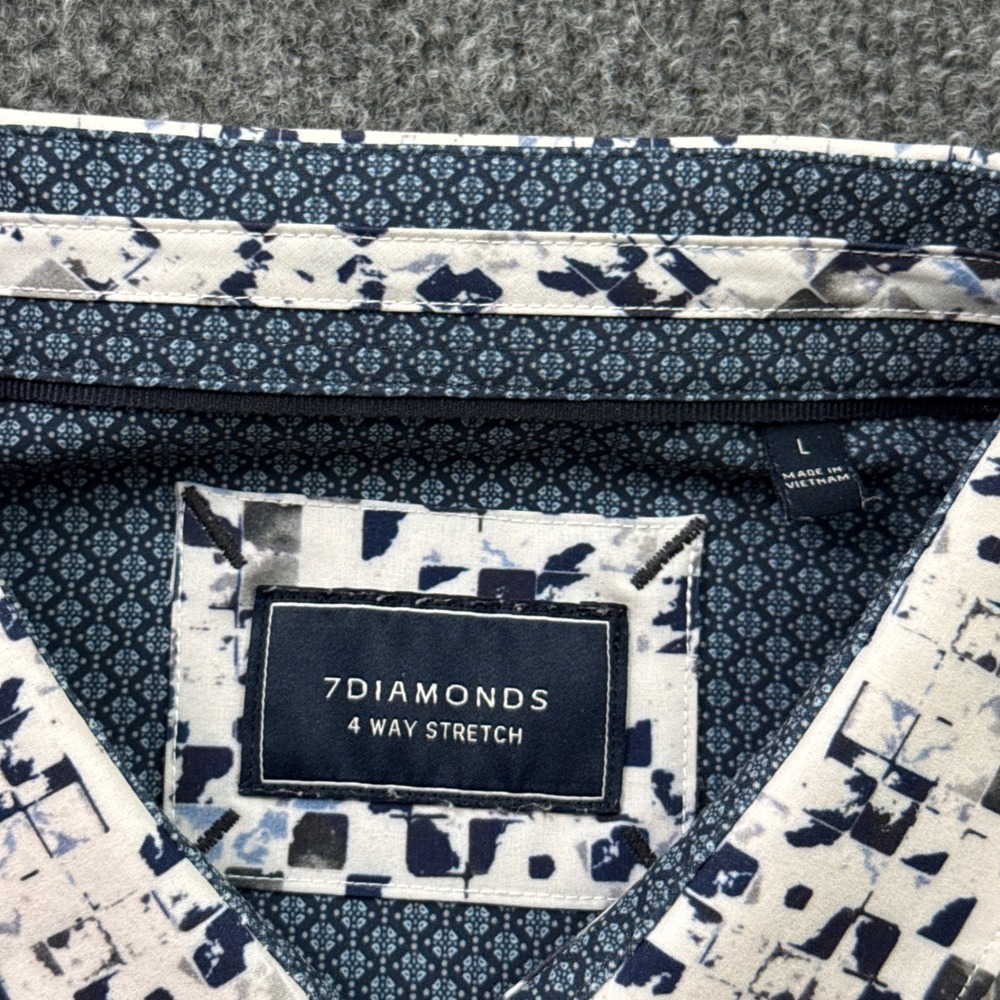 7Diamonds Button Down Mens L White Blue Geo 4-Way Stretch Short Sleeve Shirt - Picture 4 of 12